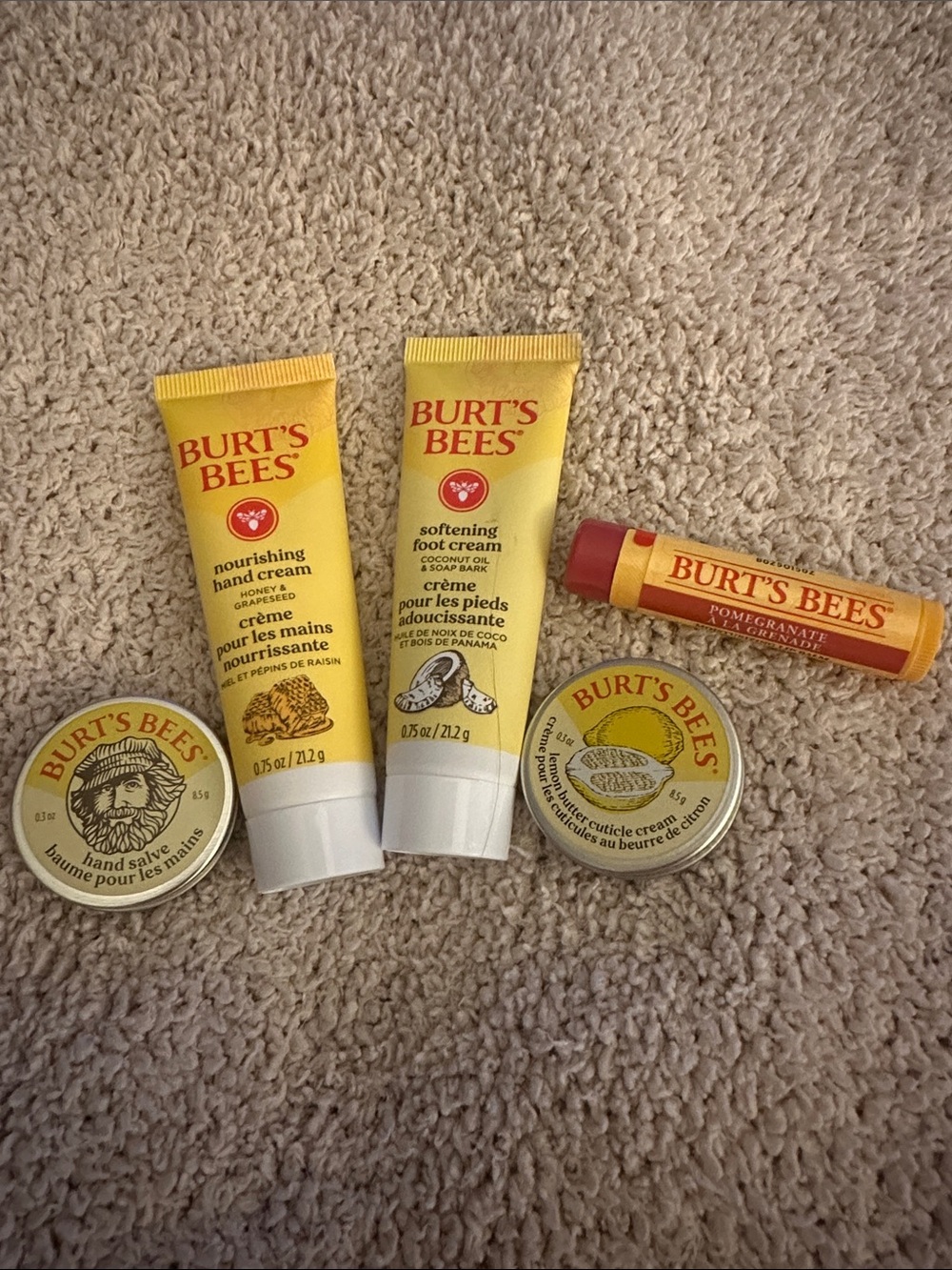 Burt's Bees Yellow Travel 5 piece set. New, never opened